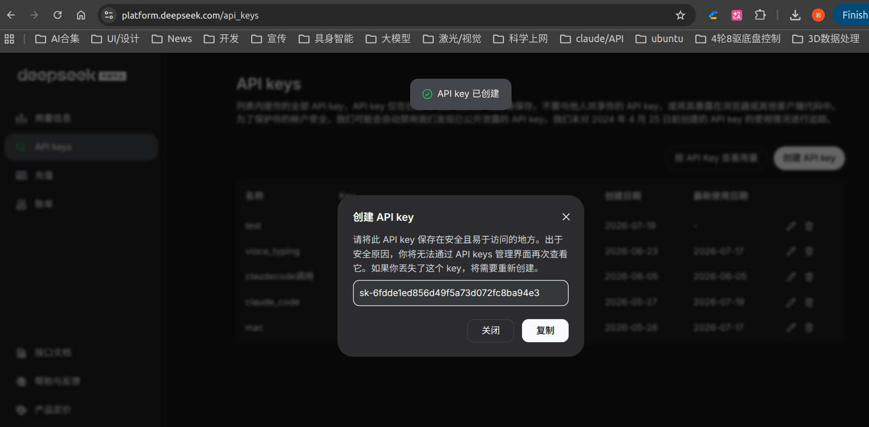 API Key 生成后的显示弹窗